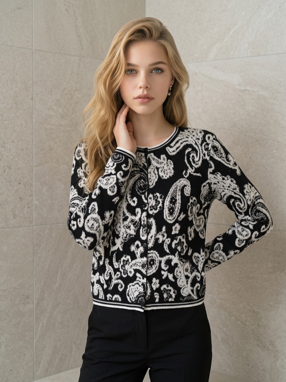 Premise Studio Women's Black/Cream Paisley Print Button-Up Knit Cardigan Size L